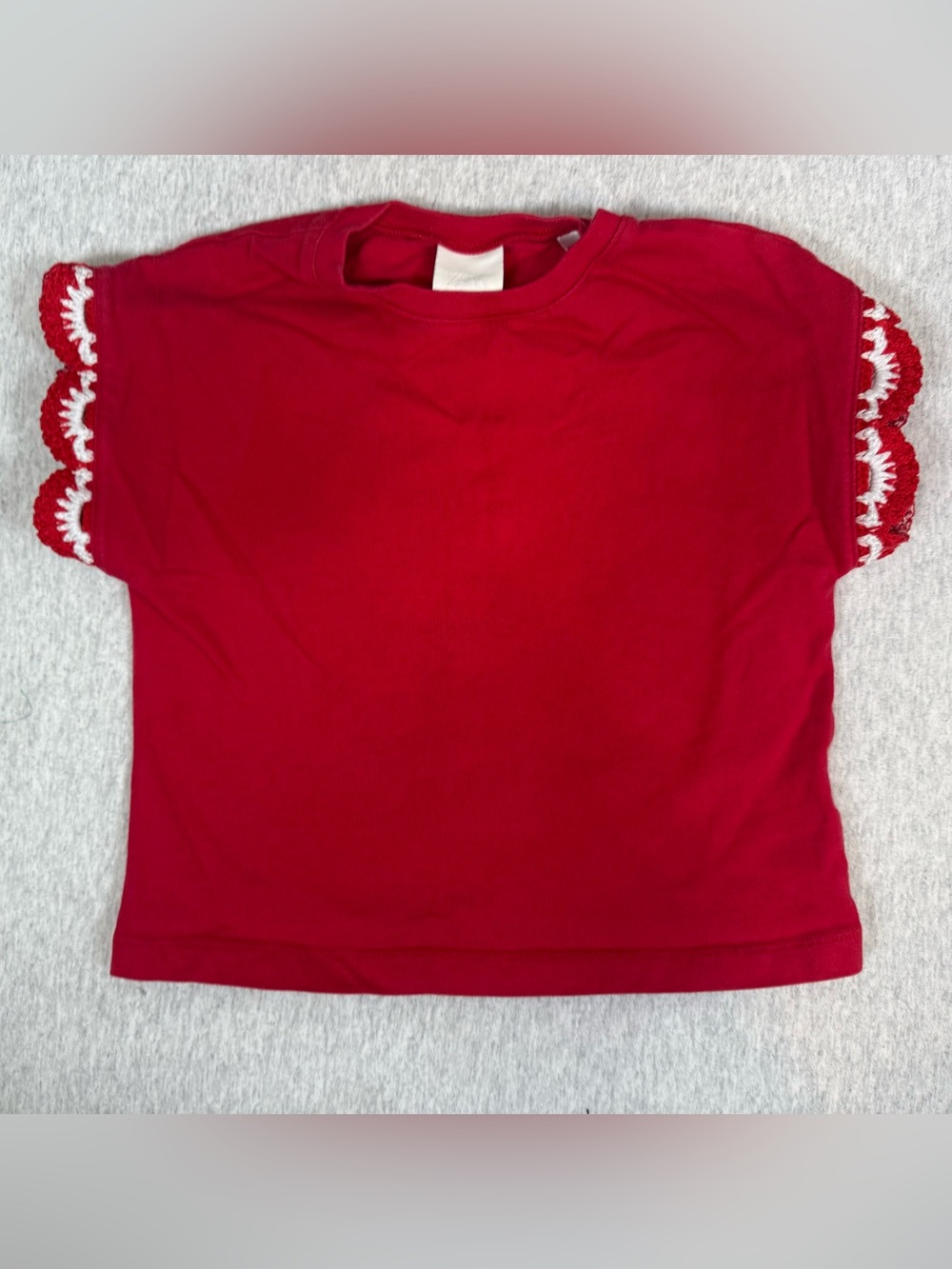 ZARA Kids Girls Crochet Lace Trim Sleeve Tee Cherry Red - Size 3Y